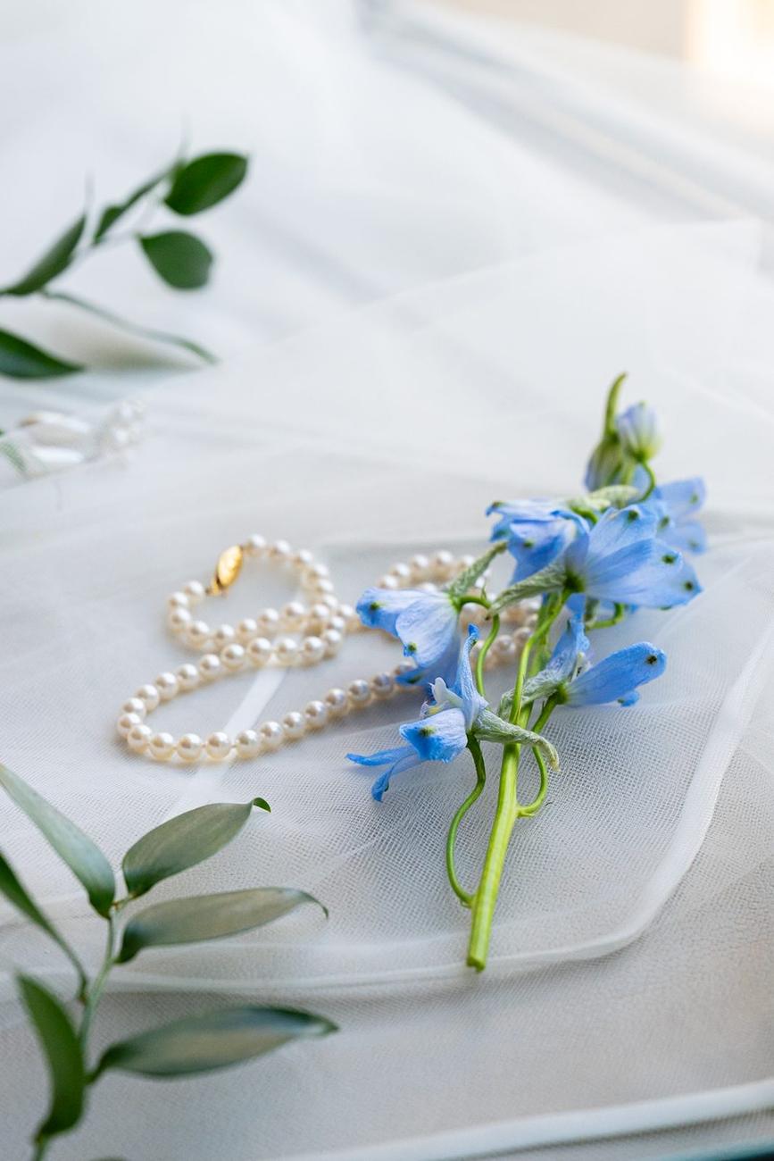 Pearl bracelet and delphinium blossoms arranged on white silk